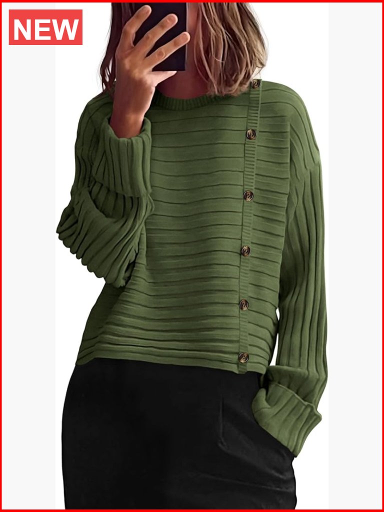 Long Sleeve Crewneck Button Loose Knit Pullover Sweater